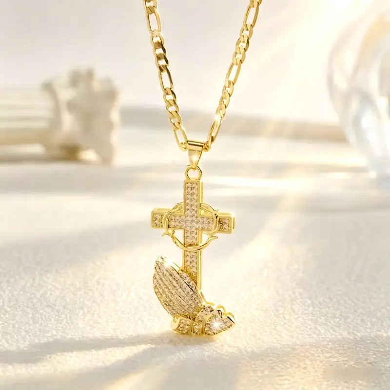 Cross & Prayer Hands Pendant Necklace
