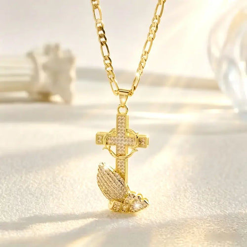 Cross & Prayer Hands Pendant Necklace