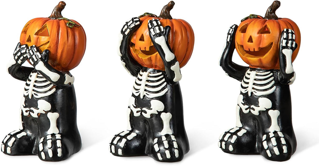 5.75" Jack-O'-Lantern Skull Figurine Statues | Collectible Halloween Decor (3-Pack)