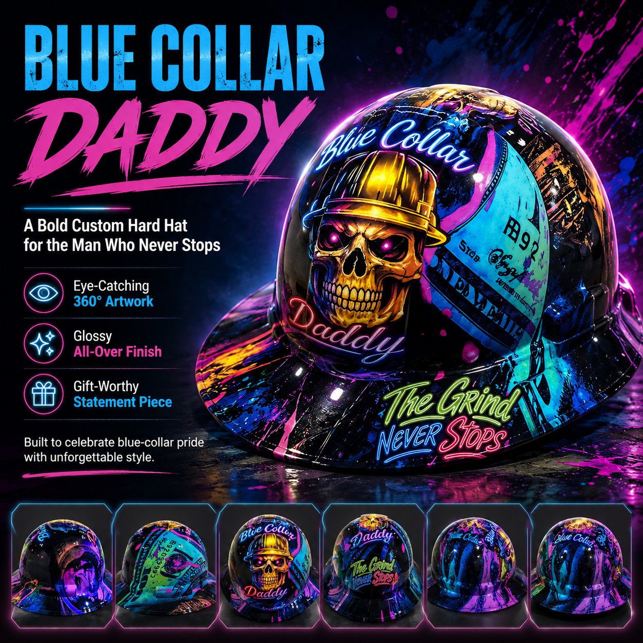 🔥Father‘s Day 50% OFF 👷‍♂️ Blue Collar Daddy Hydro-Dipped Hard Hat | Industrial Rigid Impact-Resistant Safety Helmet with Full-Wrap Gloss Artwork