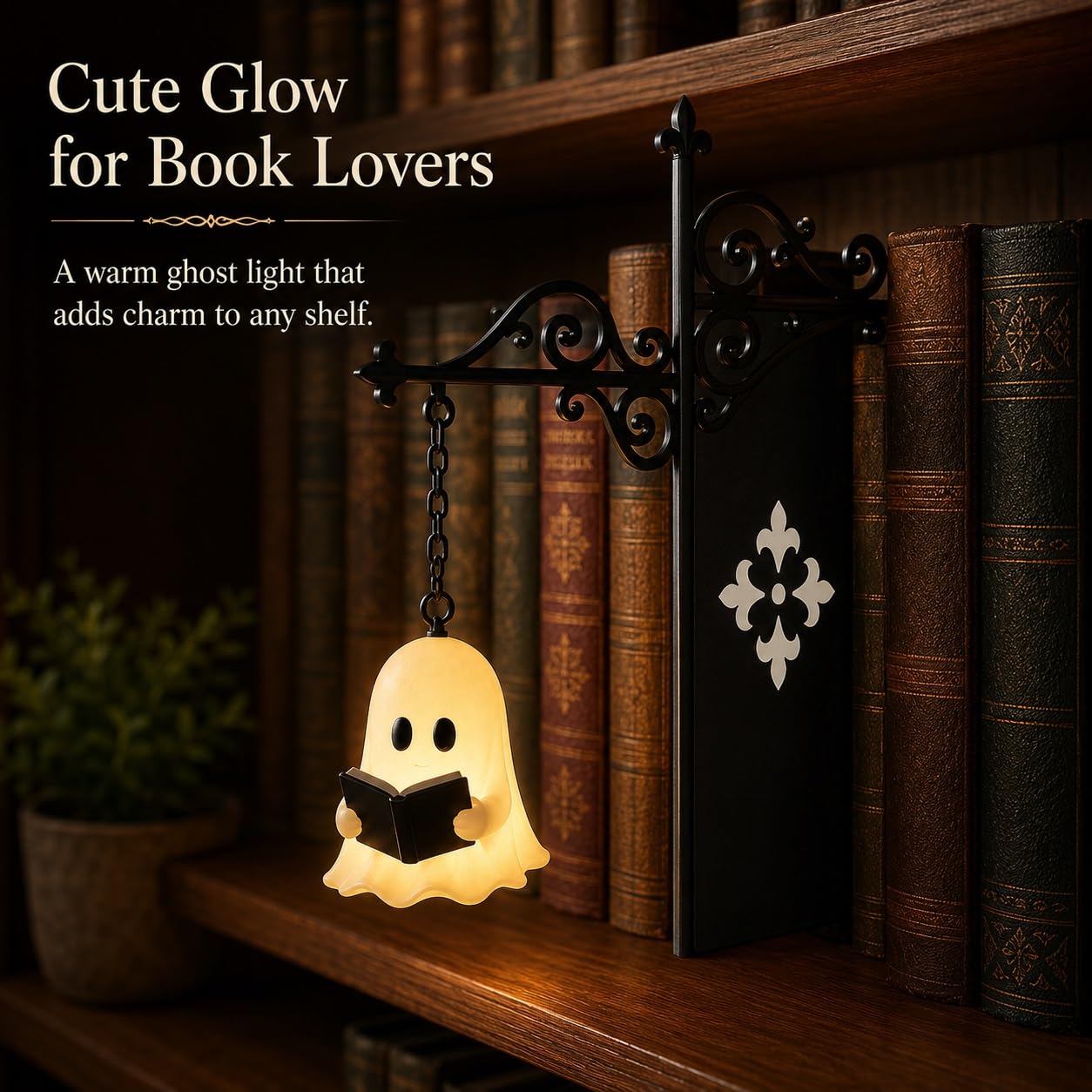 Cute Ghost Reading Book Lamp - Cozy Halloween LED Night Light & Bookshelf Decor