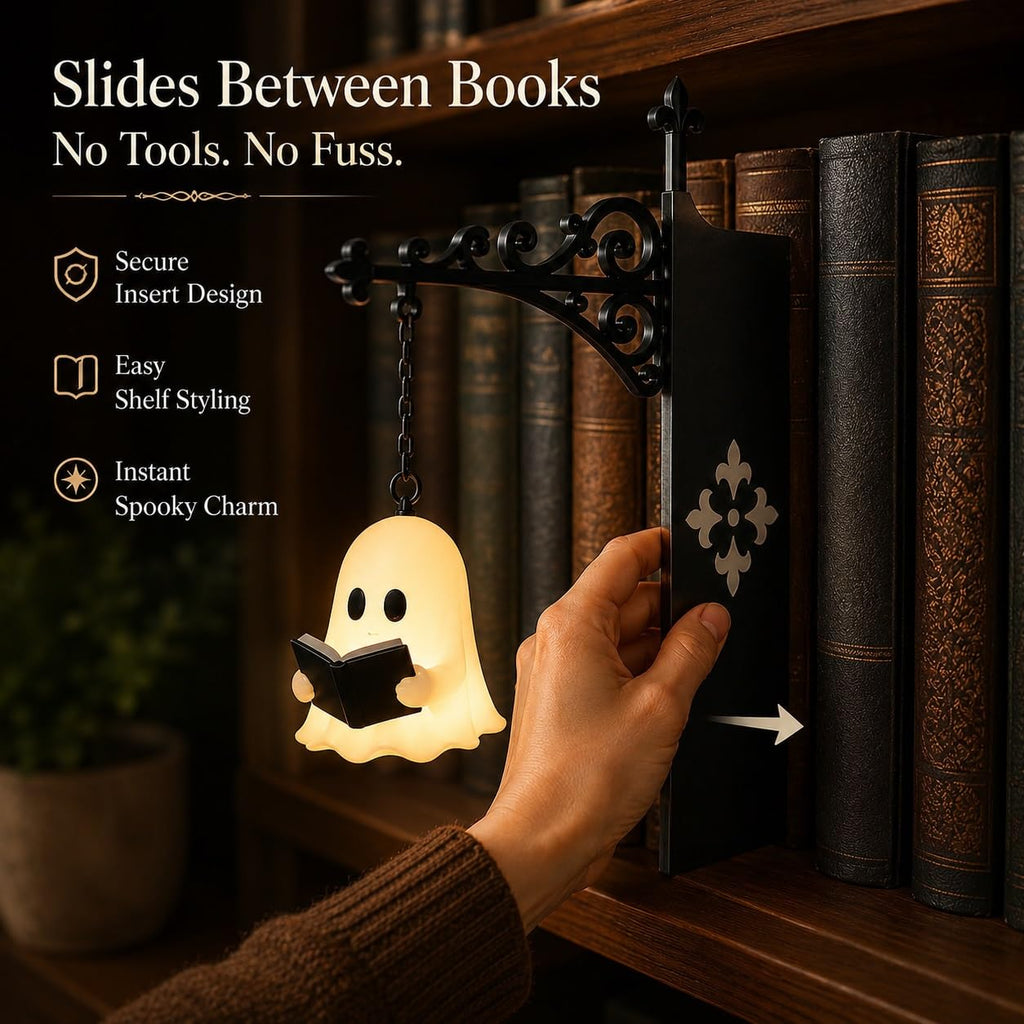 Cute Ghost Reading Book Lamp - Cozy Halloween LED Night Light & Bookshelf Decor