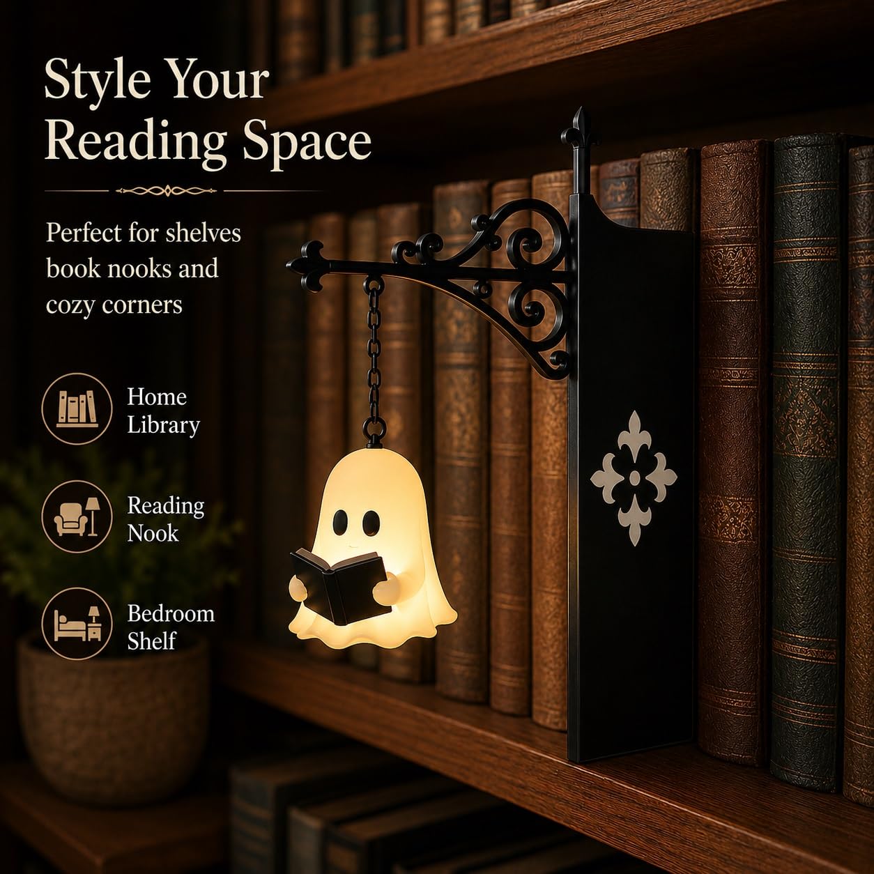 Cute Ghost Reading Book Lamp - Cozy Halloween LED Night Light & Bookshelf Decor