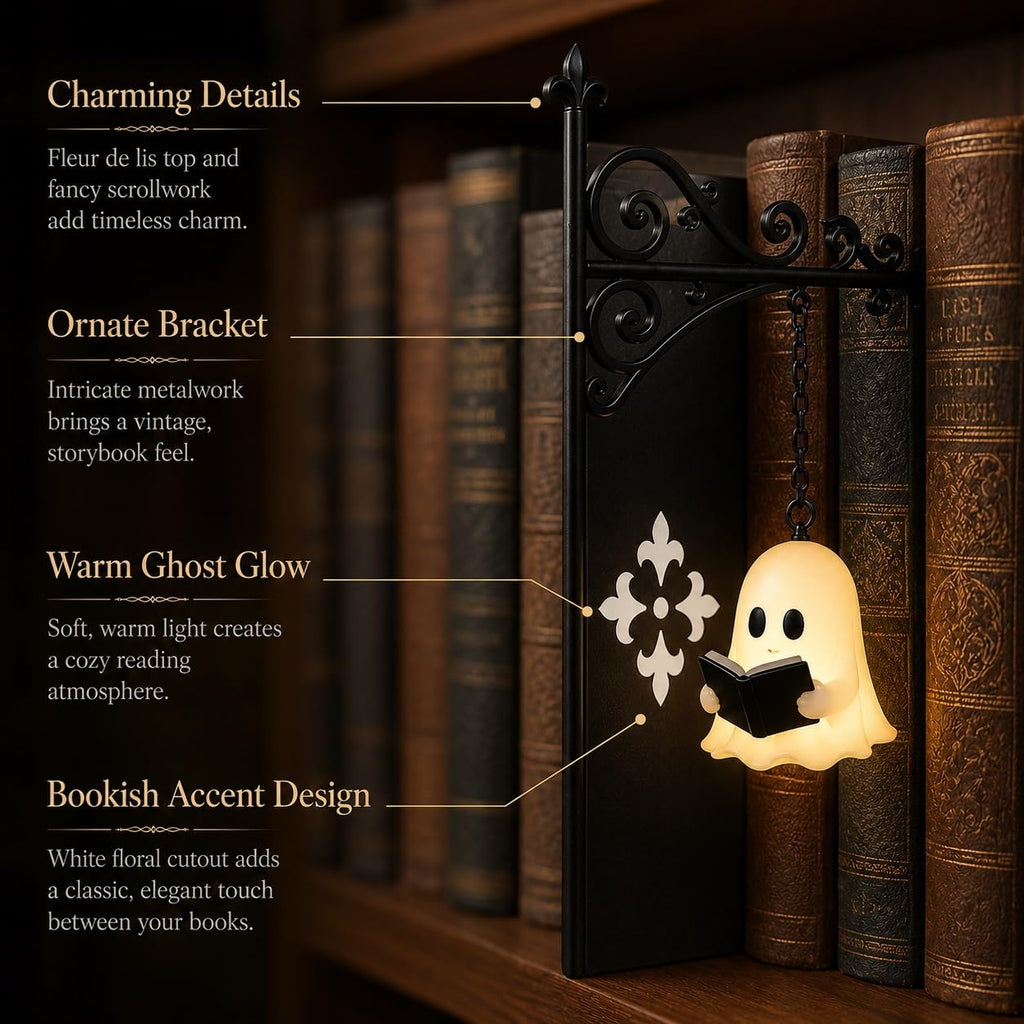 Cute Ghost Reading Book Lamp - Cozy Halloween LED Night Light & Bookshelf Decor