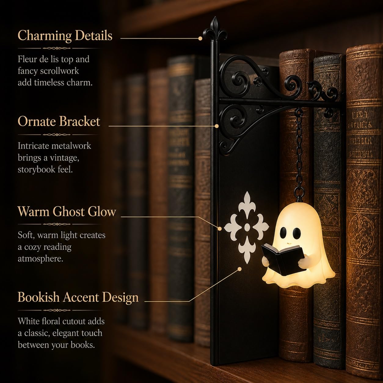 Cute Ghost Reading Book Lamp - Cozy Halloween LED Night Light & Bookshelf Decor