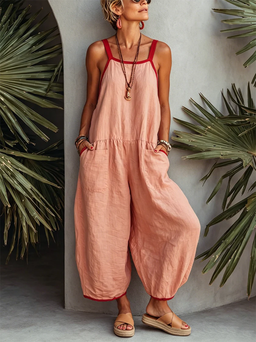 Casual Contrast-trimmed Cotton-linen Straps Jumpsuit
