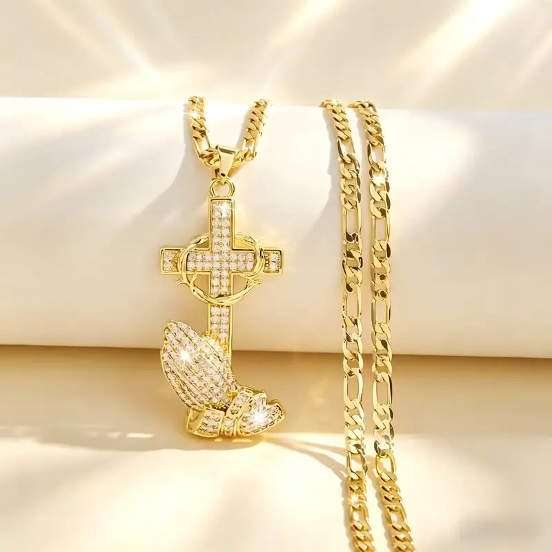Cross & Prayer Hands Pendant Necklace