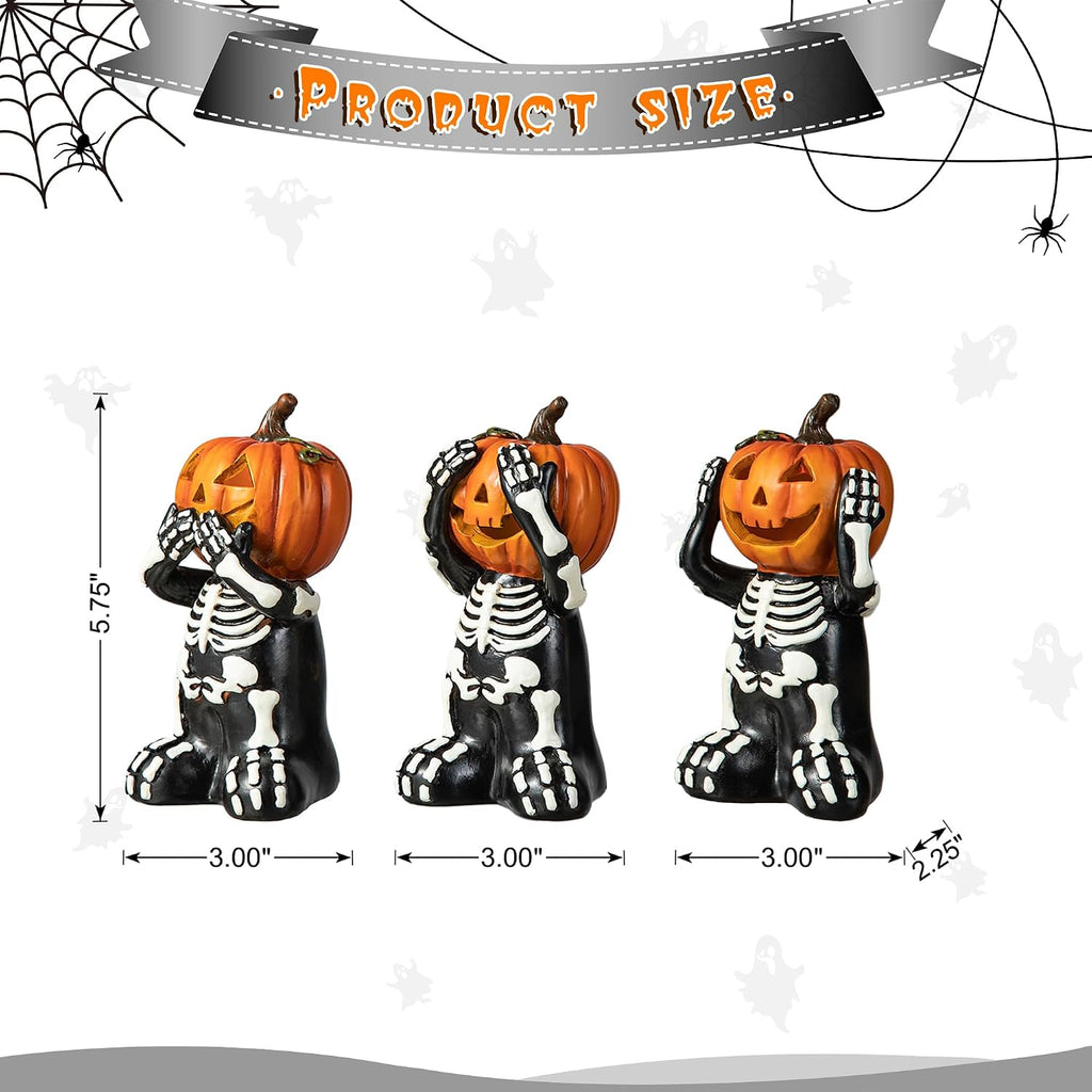 5.75" Jack-O'-Lantern Skull Figurine Statues | Collectible Halloween Decor (3-Pack)