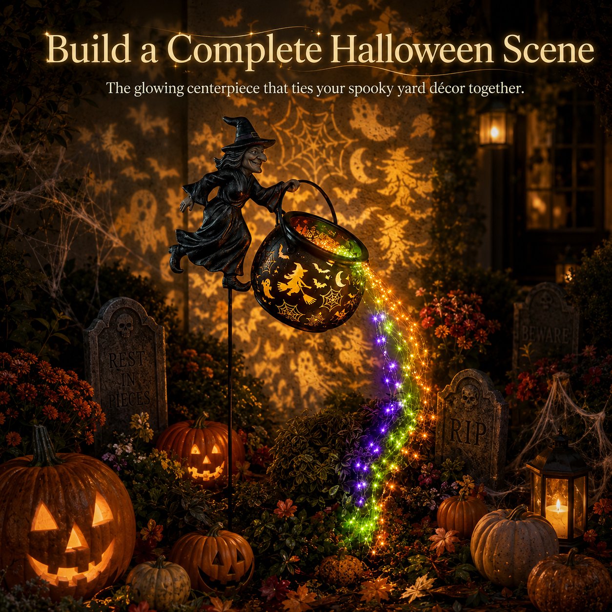 🎃Glowing Witch Cauldron Garden Stake Light – Magical Rainbow Halloween Yard Decor 🧙‍♀️✨