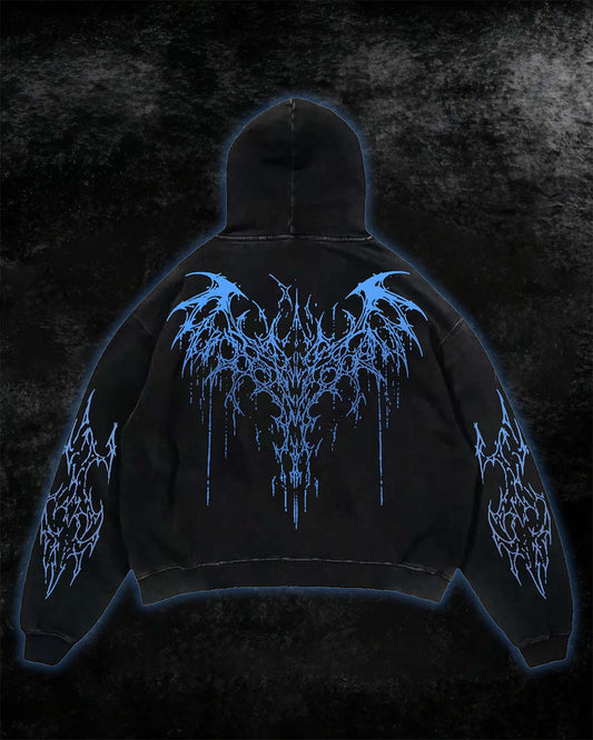 Black Blue Tribal Thorn Print Hoodie