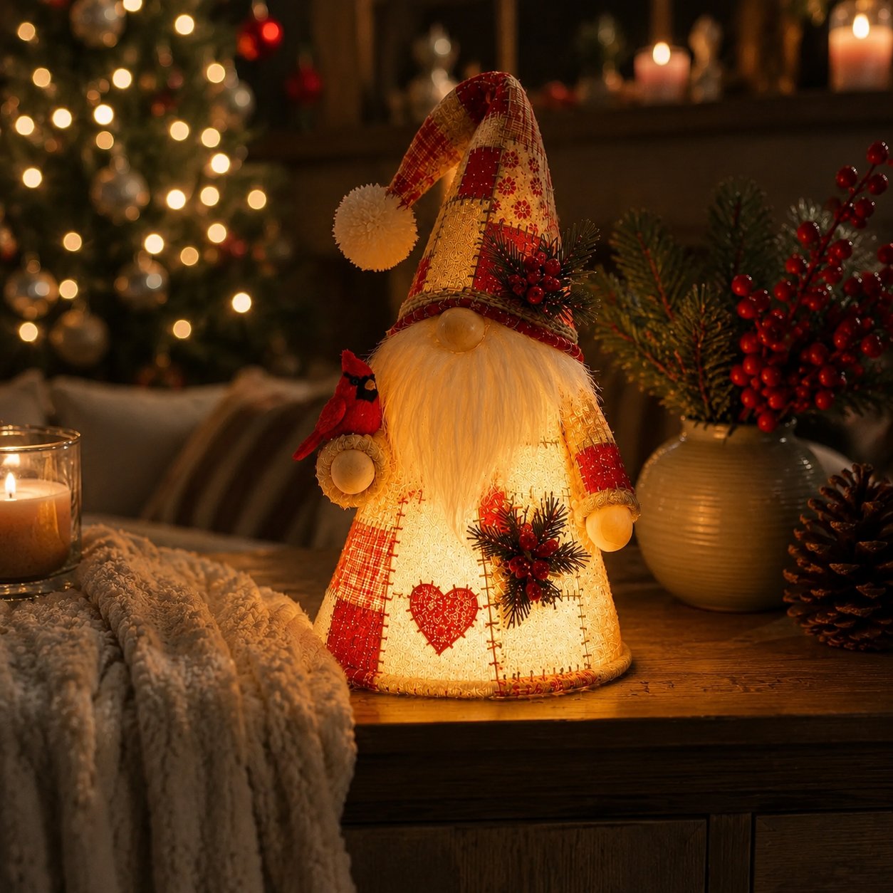 🔥 LAST DAY 49% OFF – 🐦 Patchwork Bird Gnome Light Collection | Warm Glowing Tabletop Decor with Farmhouse Patchwork Details for Mantels, Shelves & Holiday Gifts ✨