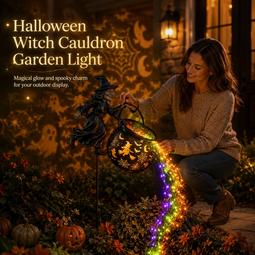 🎃Glowing Witch Cauldron Garden Stake Light – Magical Rainbow Halloween Yard Decor 🧙‍♀️✨