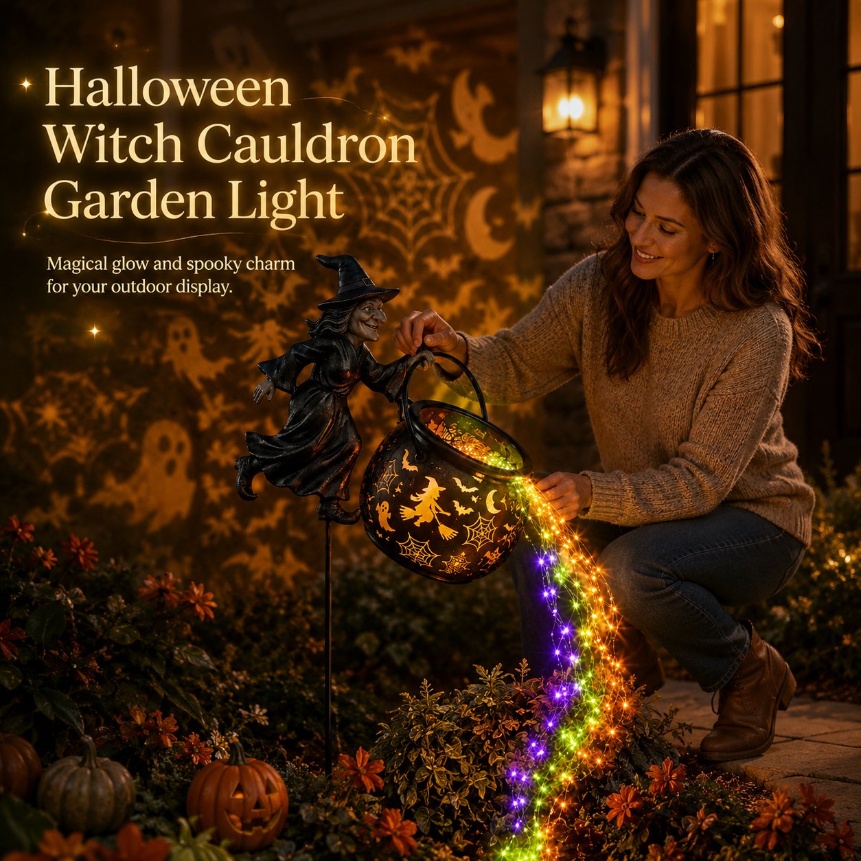 🎃Glowing Witch Cauldron Garden Stake Light – Magical Rainbow Halloween Yard Decor 🧙‍♀️✨