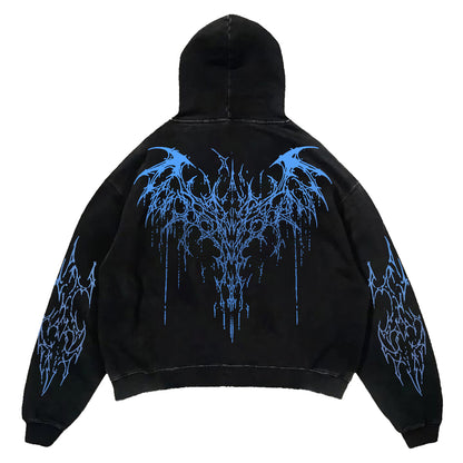 Black Blue Tribal Thorn Print Hoodie