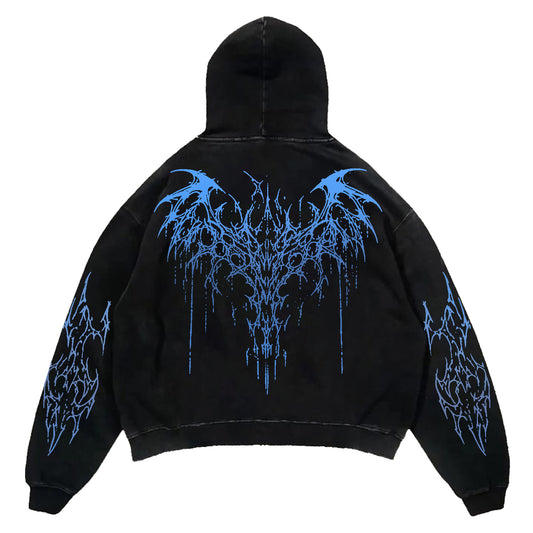 Black Blue Tribal Thorn Print Hoodie