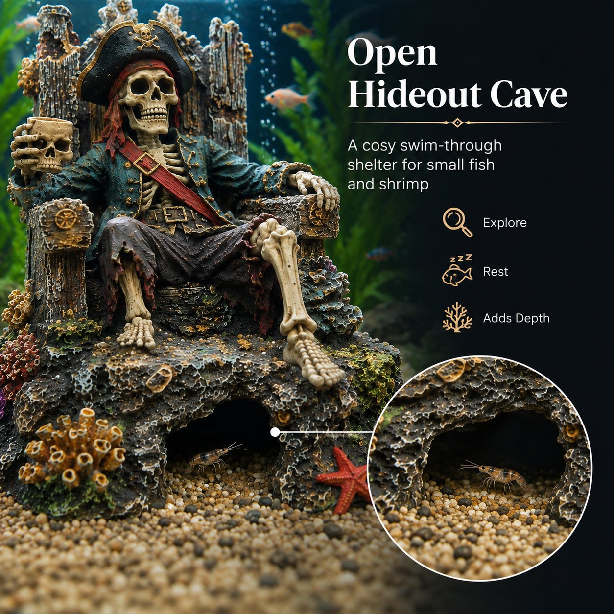 Underwater Pirate Skeleton Throne Aquarium Hideout Cave Decor