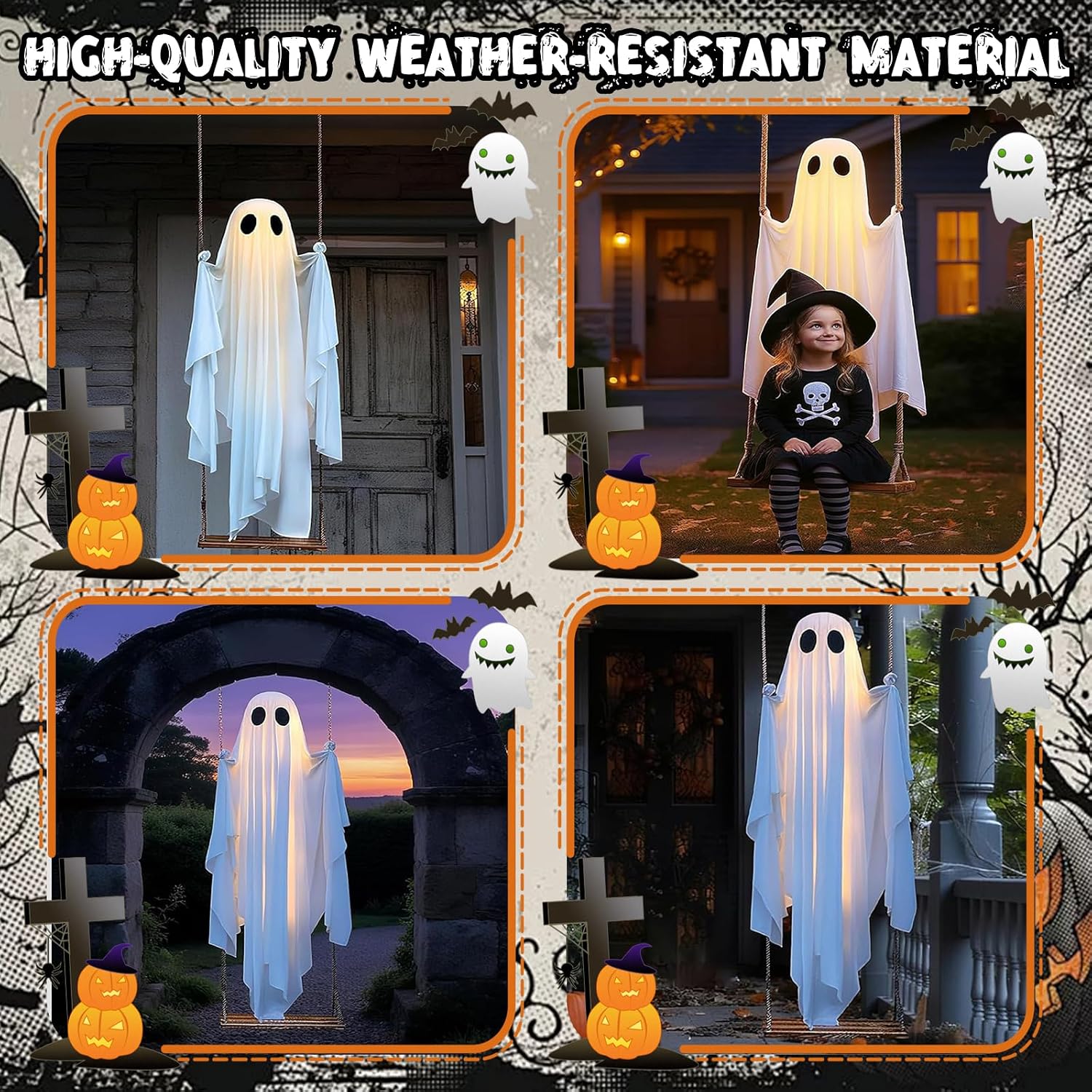 🎁HOT DEAL – Up to 49% OFF🔥Halloween Decorations OutdoorHanging Swing Ghost Halloween Decor with String Lights, Spooky Cute Ghosts Decorations for Front Porch Yard Tree