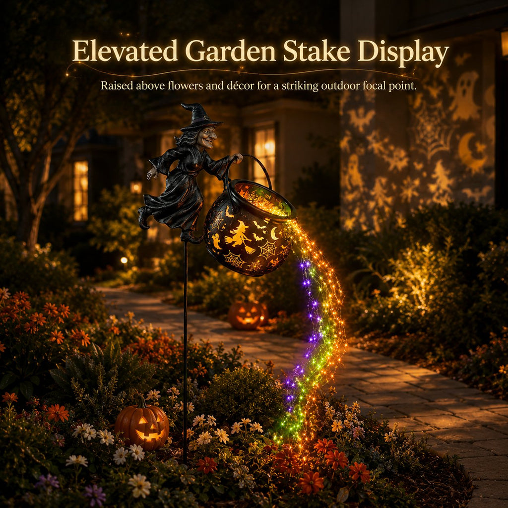 🎃Glowing Witch Cauldron Garden Stake Light – Magical Rainbow Halloween Yard Decor 🧙‍♀️✨