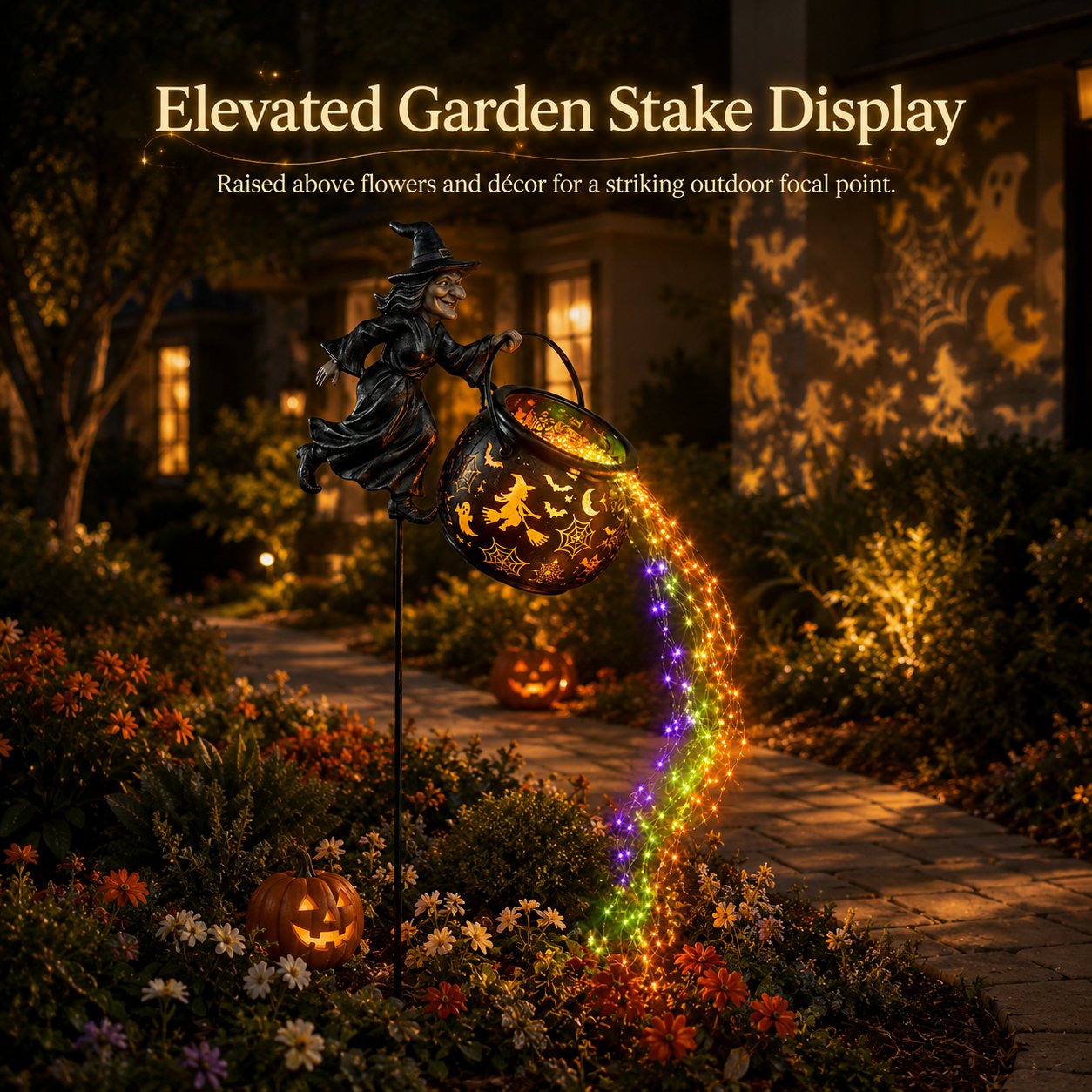 🎃Glowing Witch Cauldron Garden Stake Light – Magical Rainbow Halloween Yard Decor 🧙‍♀️✨