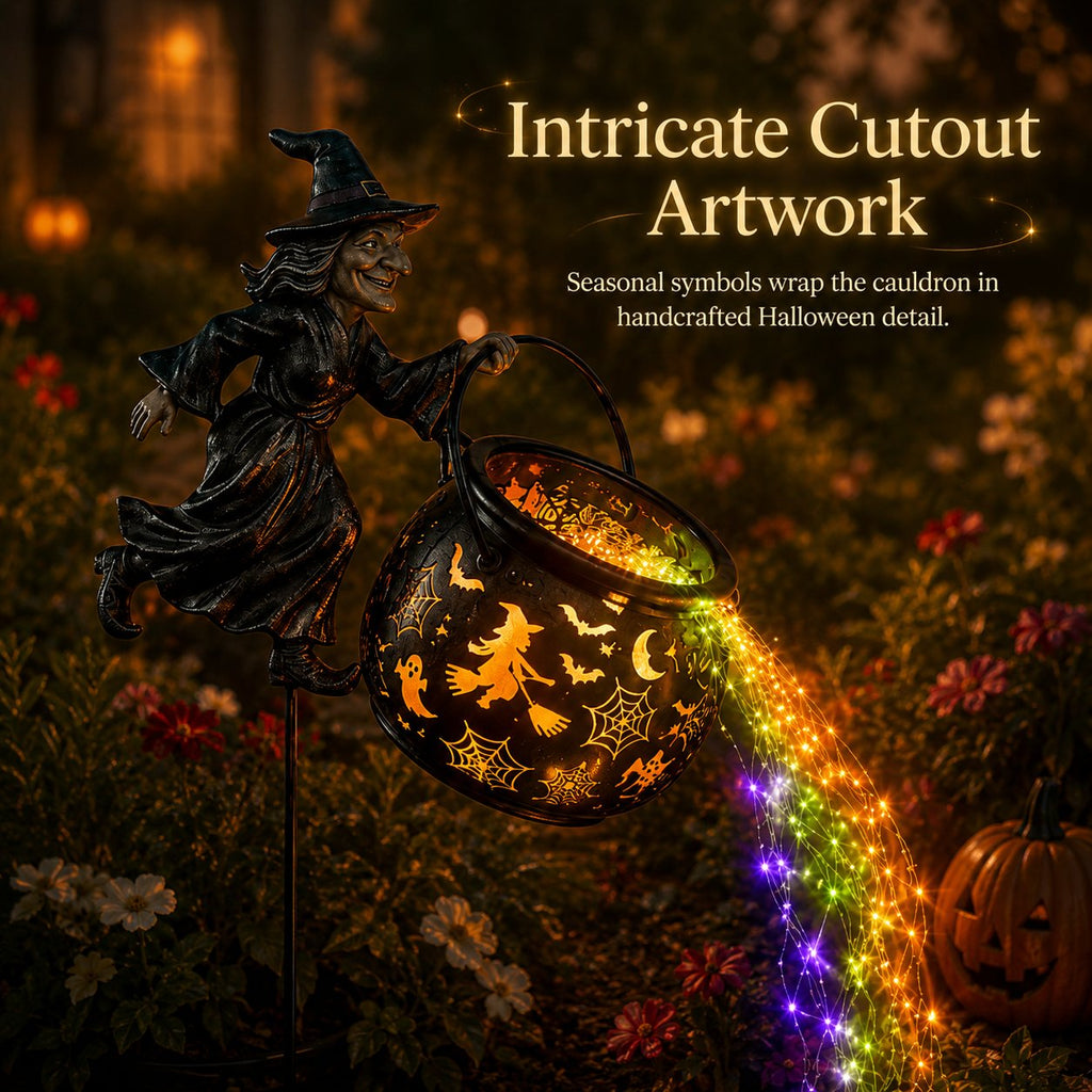 🎃Glowing Witch Cauldron Garden Stake Light – Magical Rainbow Halloween Yard Decor 🧙‍♀️✨