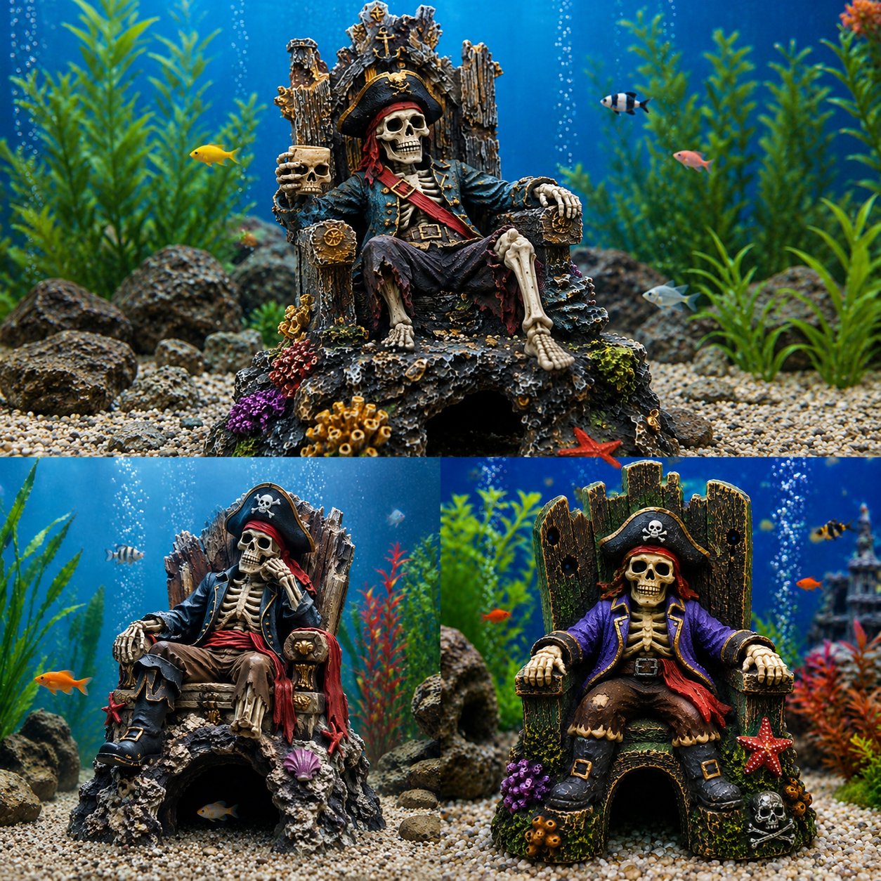 Underwater Pirate Skeleton Throne Aquarium Hideout Cave Decor