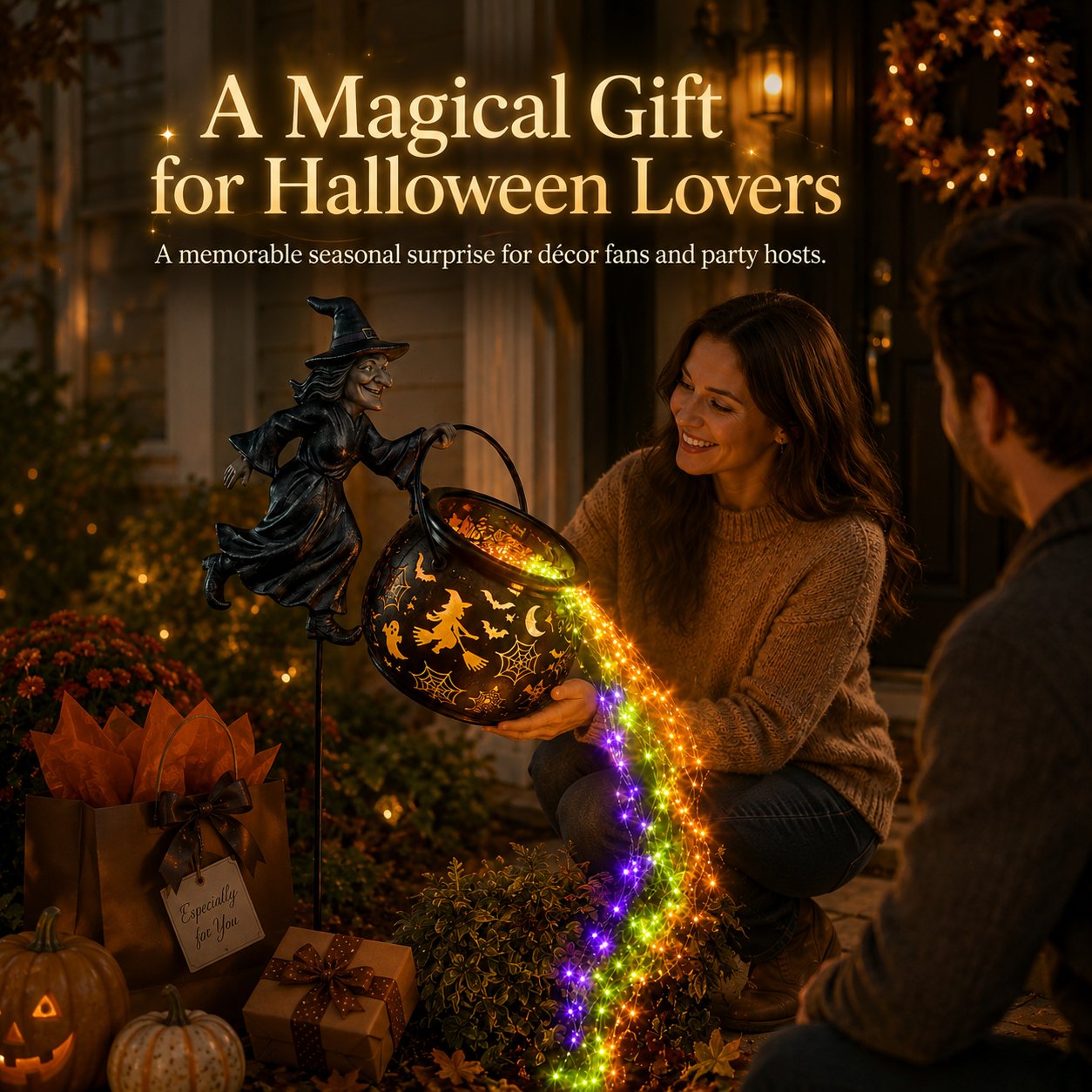 🎃Glowing Witch Cauldron Garden Stake Light – Magical Rainbow Halloween Yard Decor 🧙‍♀️✨