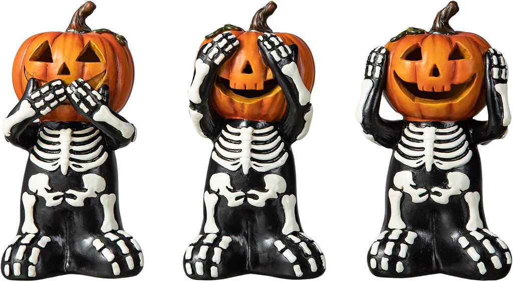 5.75" Jack-O'-Lantern Skull Figurine Statues | Collectible Halloween Decor (3-Pack)
