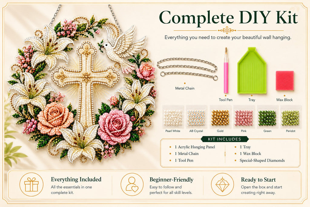 ✝️💐 Cross, Flowers & Dove Diamond Art Hanging Ornament Kit – A Relaxing DIY Craft Filled with Faith & Peace ✨🙏