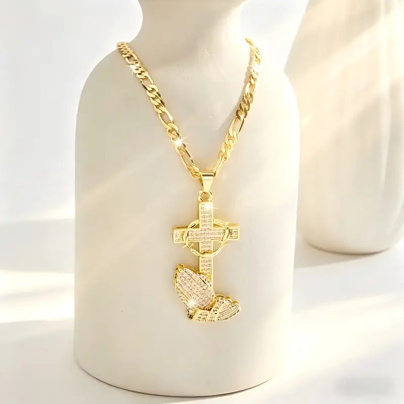 Cross & Prayer Hands Pendant Necklace