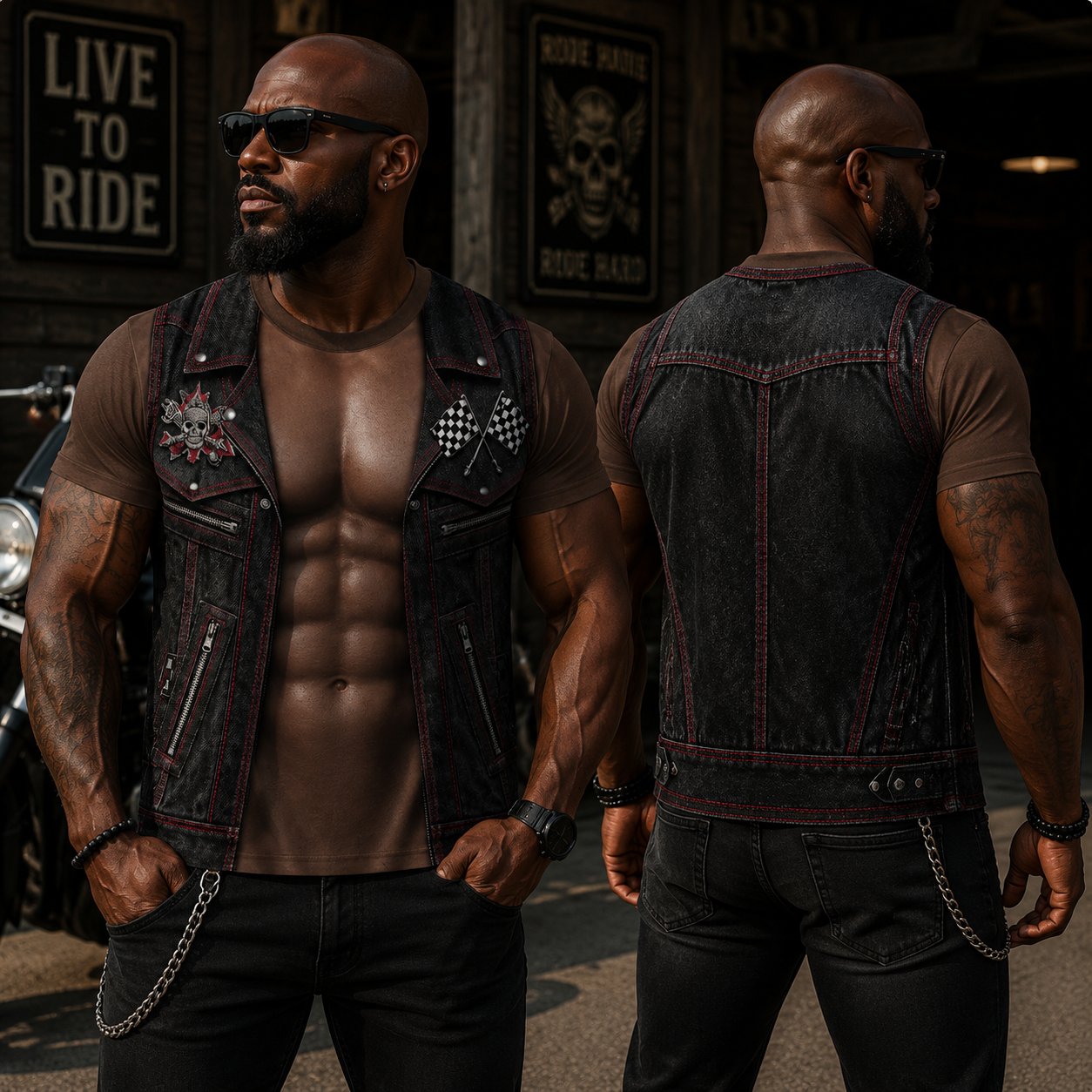 💪🔥 Personalisiertes Sixpack-ABS-Shirt mit Bikerweste für Herren – Lustiges 3D-T-Shirt – 😂🤘 Sieh aus wie ein Biker, fühl dich wie eine Legende!