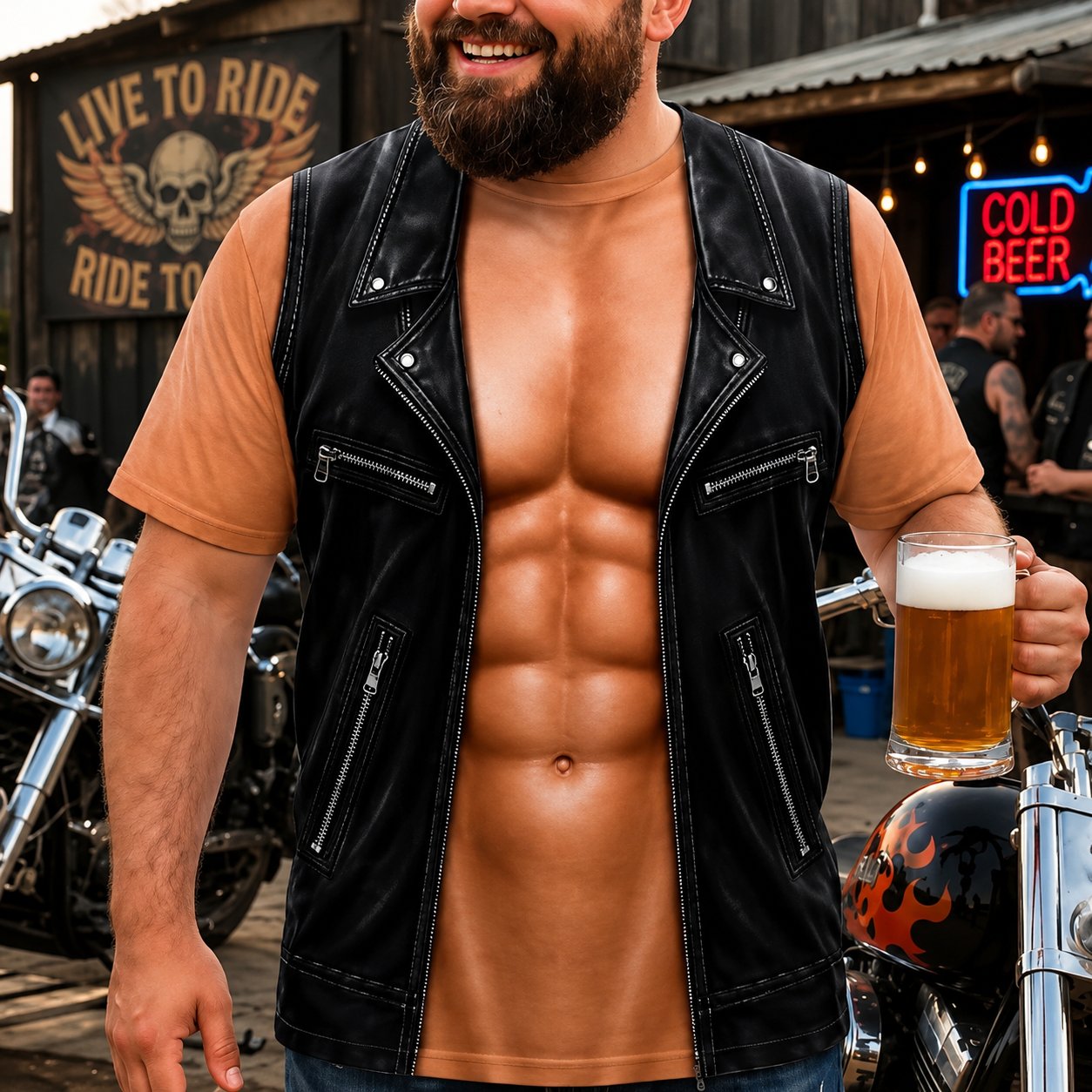 💪🔥 Personalisiertes Sixpack-ABS-Shirt mit Bikerweste für Herren – Lustiges 3D-T-Shirt – 😂🤘 Sieh aus wie ein Biker, fühl dich wie eine Legende!