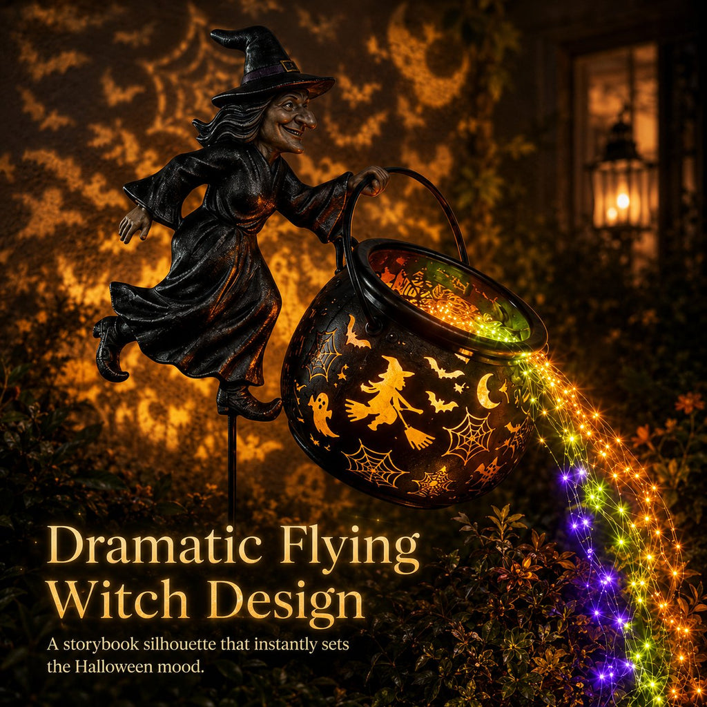 🎃Glowing Witch Cauldron Garden Stake Light – Magical Rainbow Halloween Yard Decor 🧙‍♀️✨