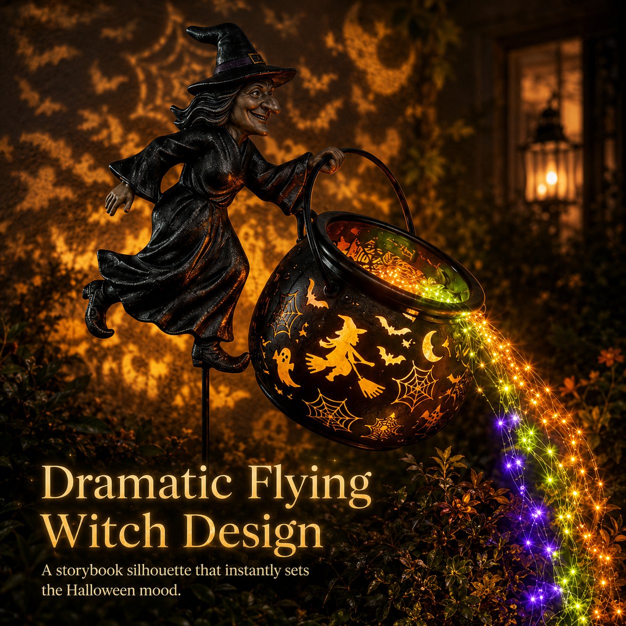 🎃Glowing Witch Cauldron Garden Stake Light – Magical Rainbow Halloween Yard Decor 🧙‍♀️✨
