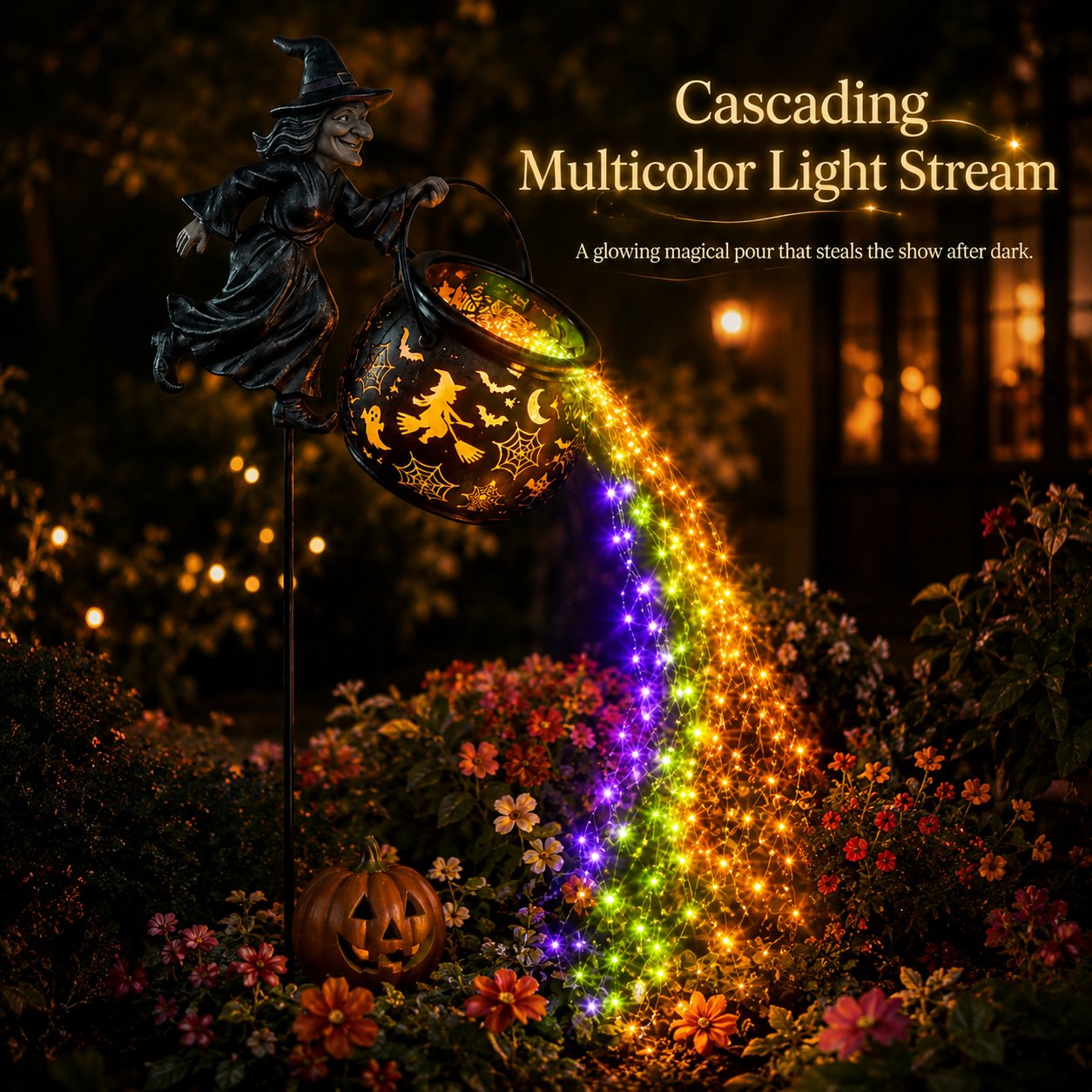 🎃Glowing Witch Cauldron Garden Stake Light – Magical Rainbow Halloween Yard Decor 🧙‍♀️✨