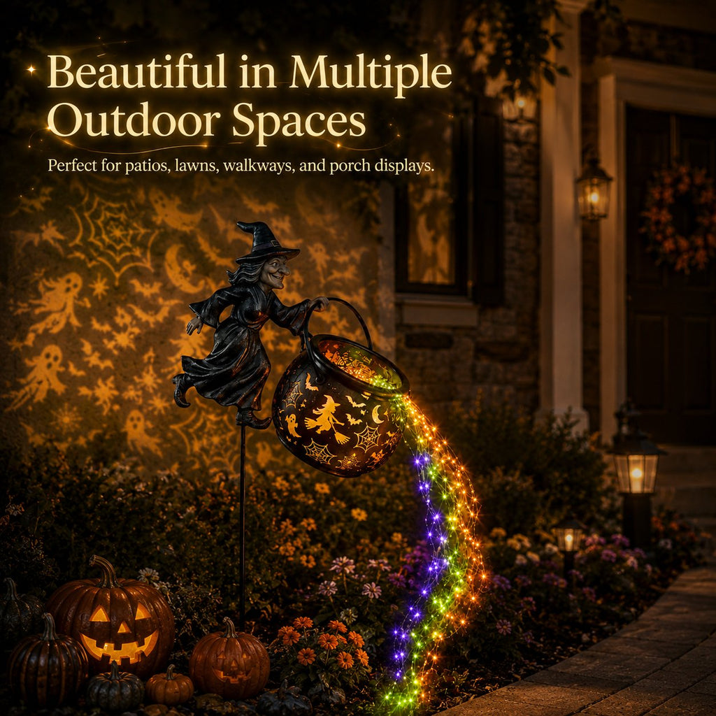 🎃Glowing Witch Cauldron Garden Stake Light – Magical Rainbow Halloween Yard Decor 🧙‍♀️✨