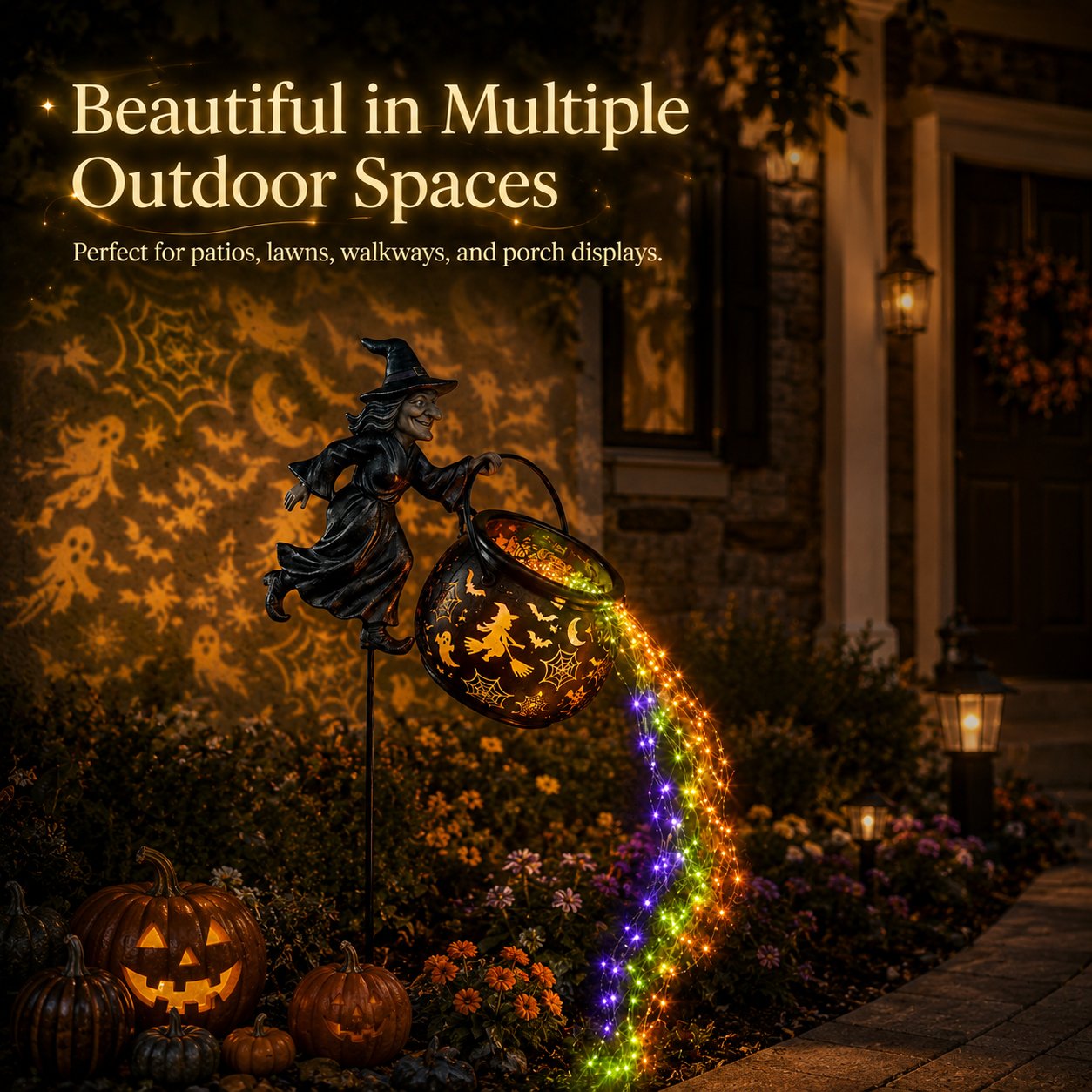 🎃Glowing Witch Cauldron Garden Stake Light – Magical Rainbow Halloween Yard Decor 🧙‍♀️✨