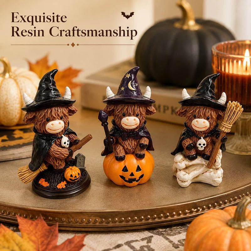 🔥Last Day 50% OFF 🐮Halloween Highland Cow Witch Ornament – Spooky-Cute Tabletop Decor for Mantel, Shelf & Candy Station