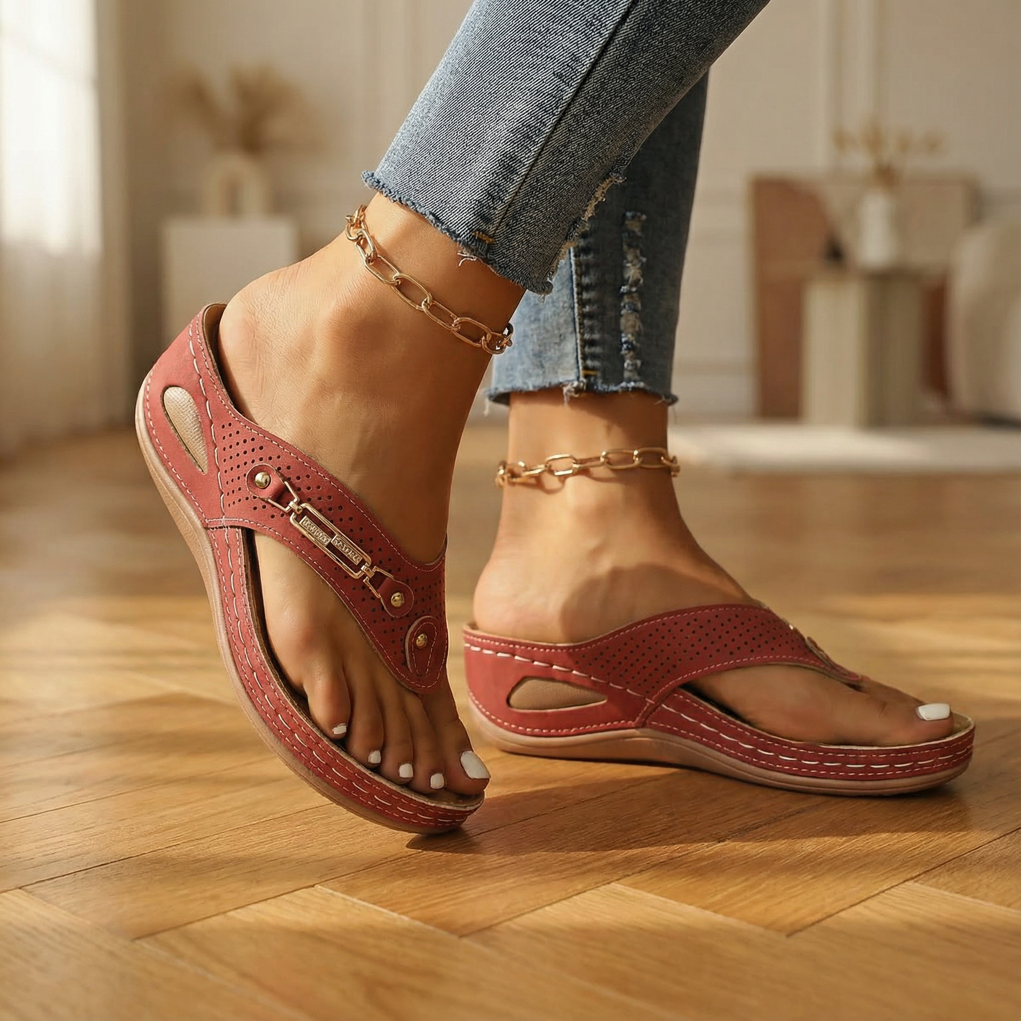 Comfort Sandals – Breathable Summer Slip Ons With Padded Sole & Gold Accents