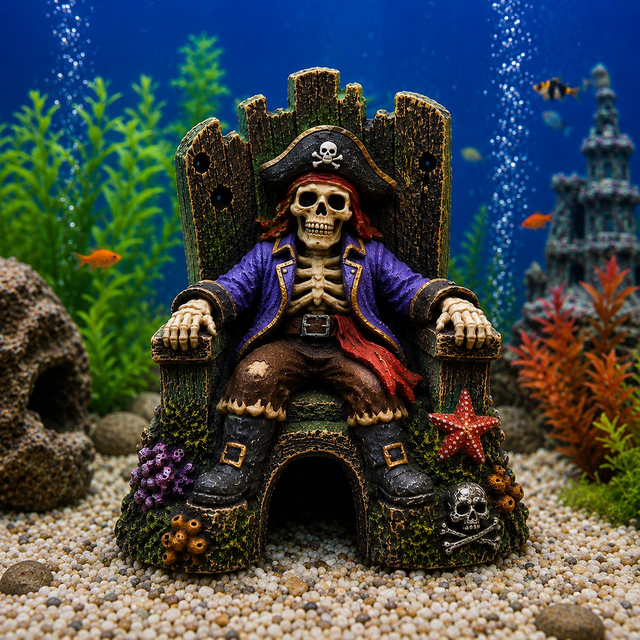 Underwater Pirate Skeleton Throne Aquarium Hideout Cave Decor