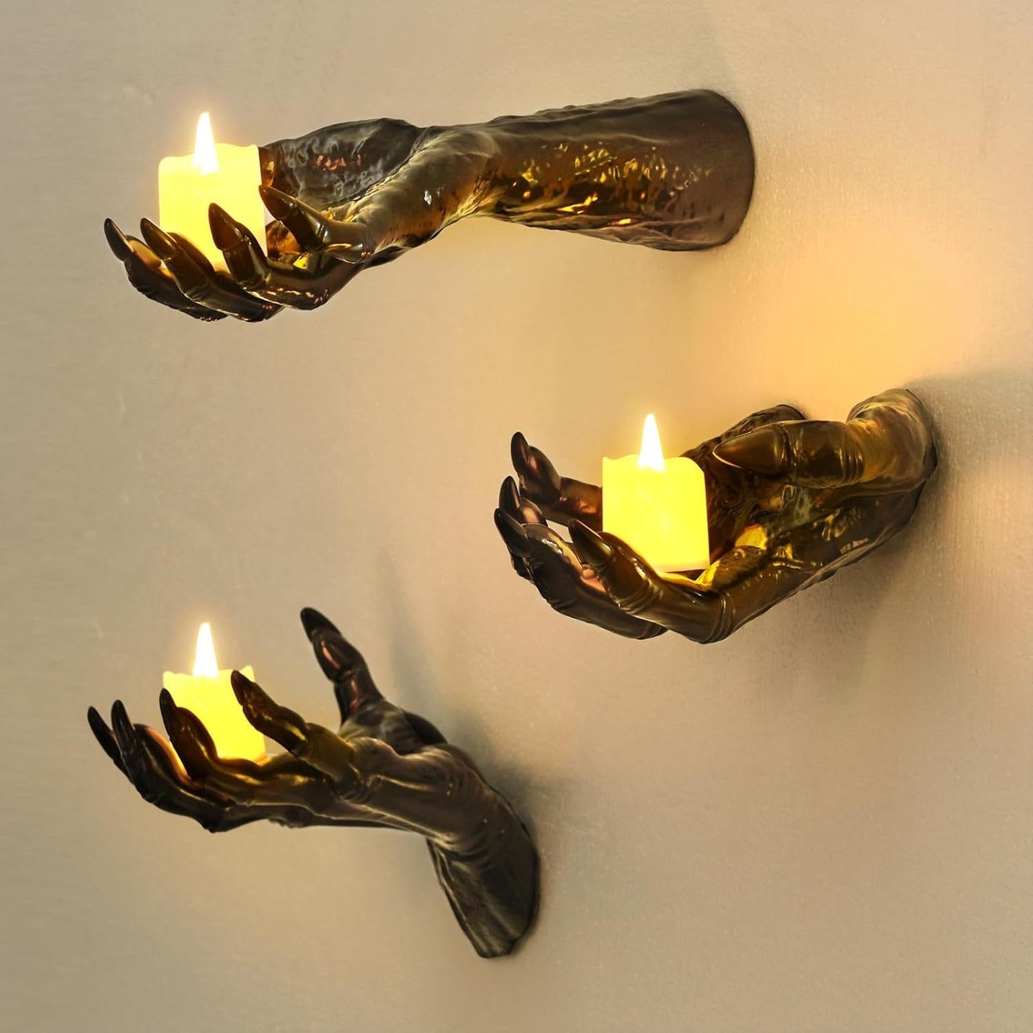 Halloween Decorations, Pack of 3 Wall Mounted Creepy Reaching Hands with Lighted Candles