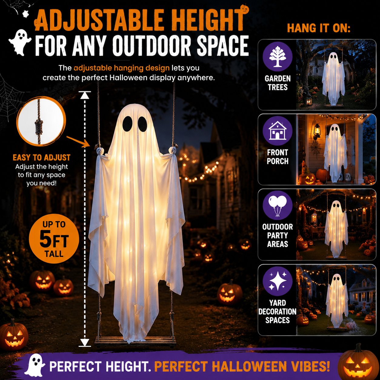 🎁HOT DEAL – Up to 49% OFF🔥Halloween Decorations OutdoorHanging Swing Ghost Halloween Decor with String Lights, Spooky Cute Ghosts Decorations for Front Porch Yard Tree
