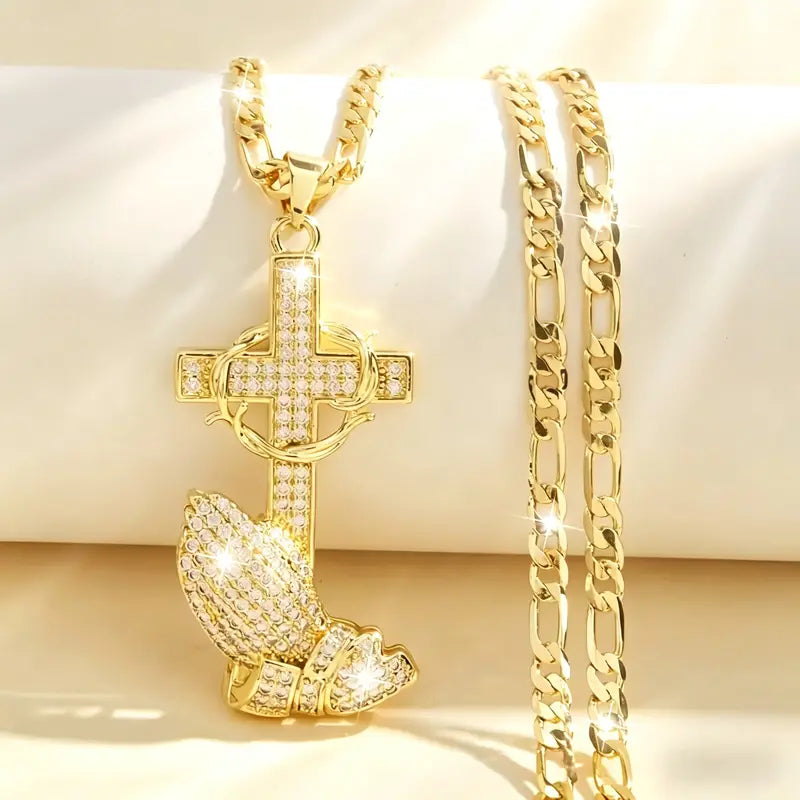 Cross & Prayer Hands Pendant Necklace